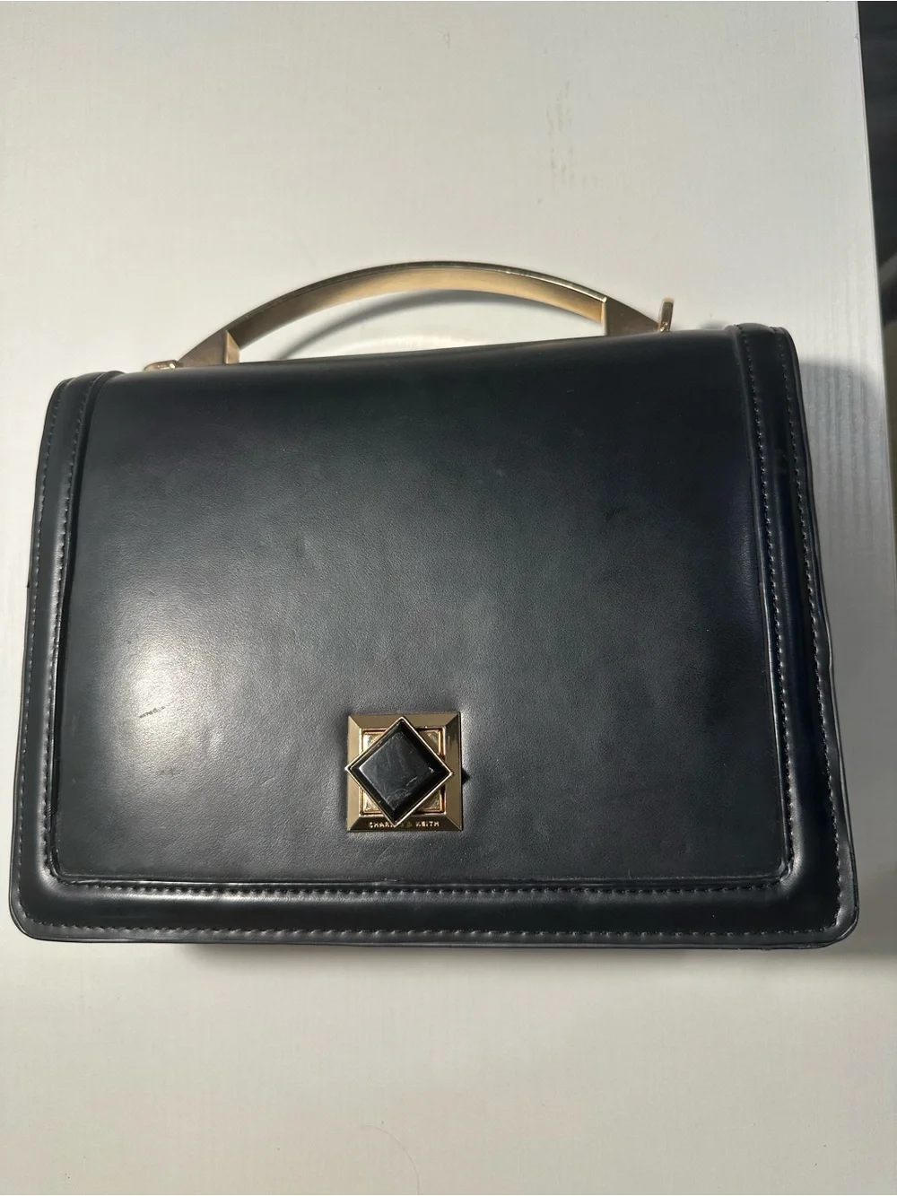 Charles & Keith Black Leather Top-Handle Briefcase with Gold Accent
